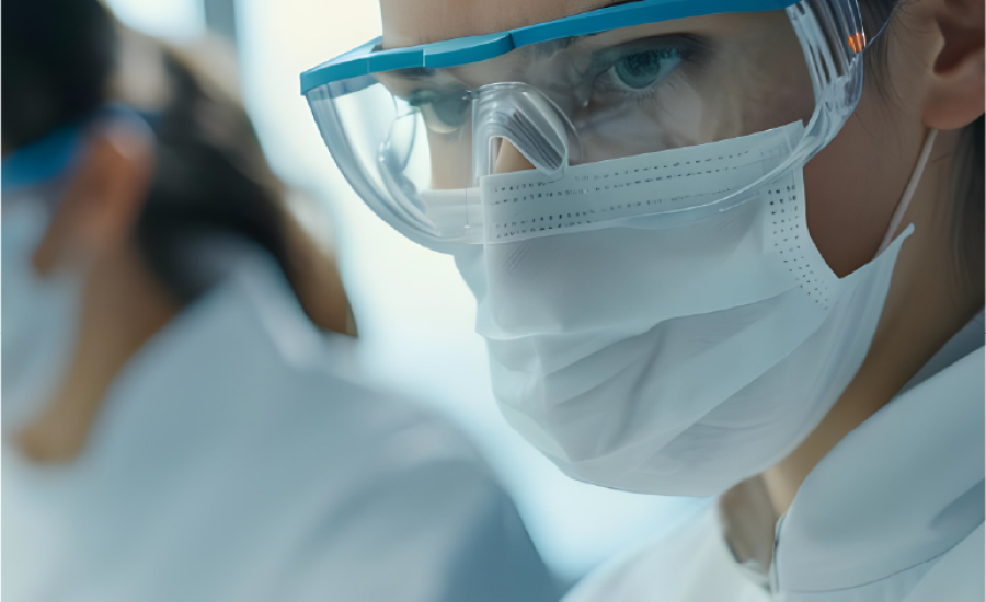 Mujer con mascarilla y lentes de protección.